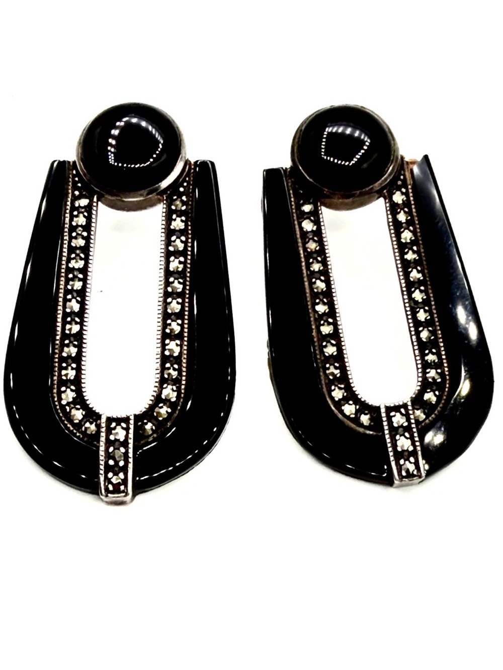 VTG Stunning Sterling Silver Black Onyx Marcasite Geometric Drop Earrings Deco